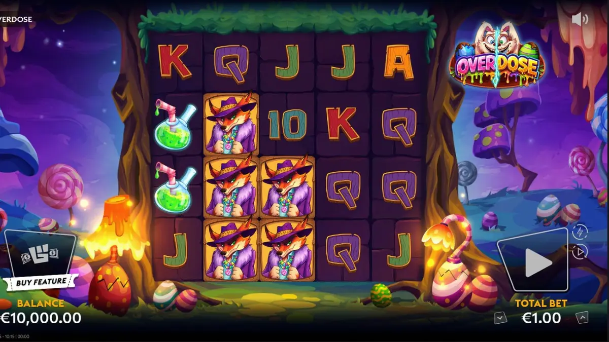 Tampilan visual slot Overdose dengan tema Paskah yang gelap dan simbol permen